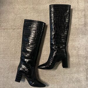 Black Croc-Embossed Knee-High Boots